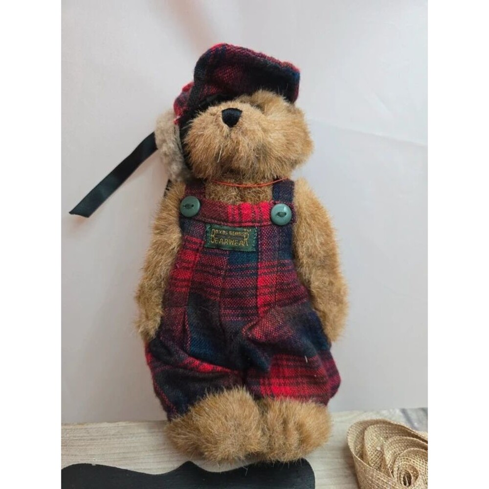Boyds Bears Edmund T Bear Style 9175 Red Plaid Overalls Hat Jointed Plush 8" w T